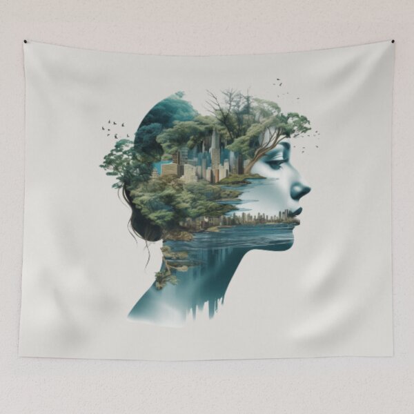 Item preview, Female profile face on autumnal lake landscape designed and sold by cristina1001.