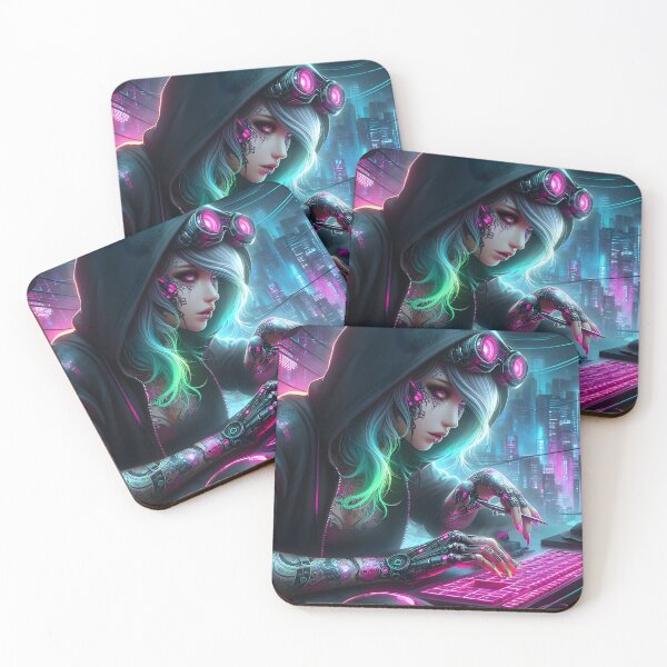 Item preview, Cyberpunk hacker girl with tattoos and pink keyboard designed and sold by cyberheadscifi.
