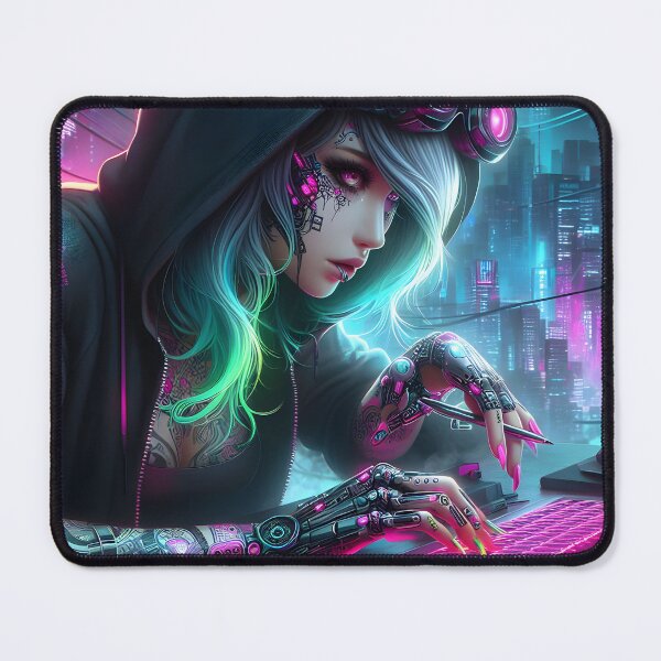 Item preview, Cyberpunk hacker girl with tattoos and pink keyboard designed and sold by cyberheadscifi.