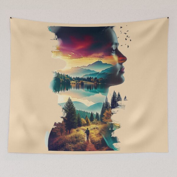 Item preview, Female profile face on mountainous landscape and sunset designed and sold by cristina1001.