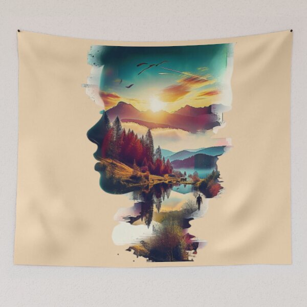 Item preview, Female profile face on autumnal mountainous landscape and sunset designed and sold by cristina1001.