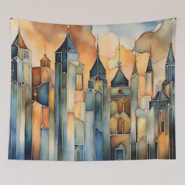 Item preview, Dissolving Boundaries: Where Buildings Blur in Watercolor's Embrace designed and sold by ArtsyWishesShop.