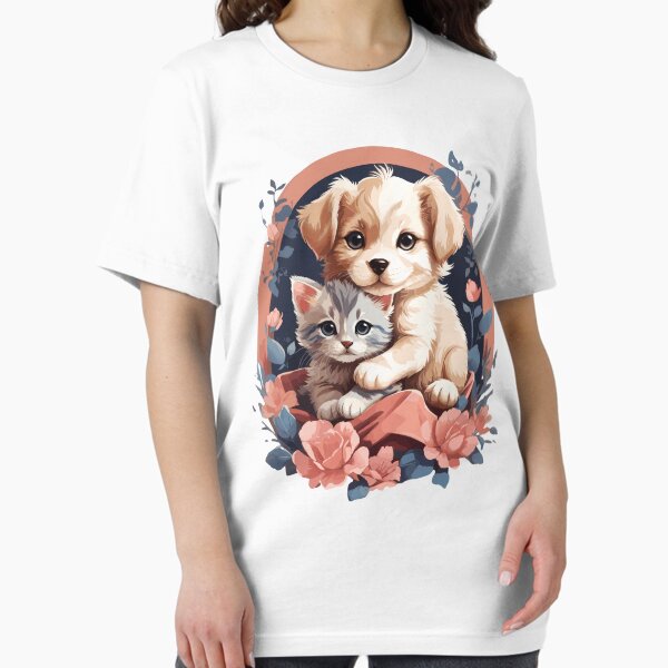 Item preview, Puppy & Kitten Embrace - Adorable Floral Duo designed and sold by Quirky Shirts.
