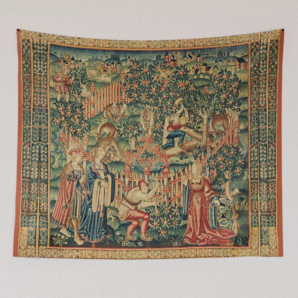 Item preview, WOODCUTTERS WORKING ON A DEER PARK Antique Hunting Tapestry designed and sold by BulganLumini.