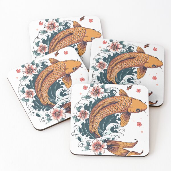Item preview, Gold carp koi on waves in flowers designed and sold by TheRealmWithin.