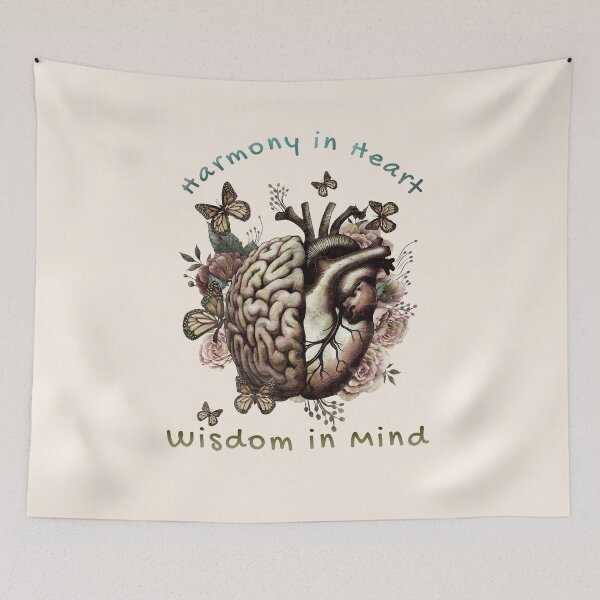 Item preview, Harmony in Heart, Wisdom in Mind, Right balance between head and heart, roses and flowers and butterfies watercolor, vintage style designed and sold by Collagedream.