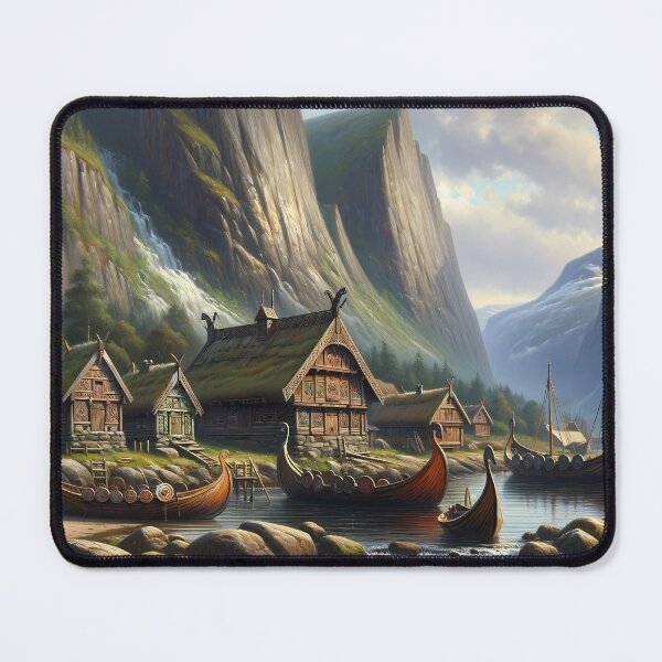 Item preview, A traditional Norse village with Viking longboats and fjord cliffs designed and sold by FunnyGiftIdeas.