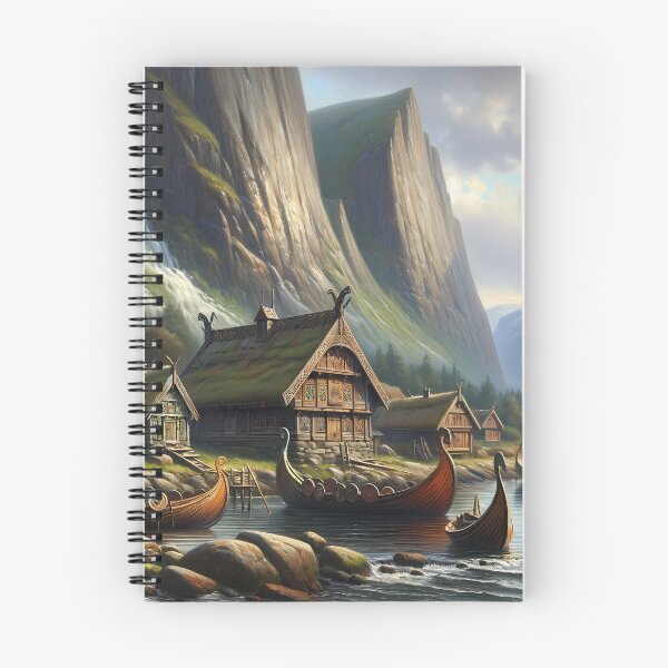 Item preview, A traditional Norse village with Viking longboats and fjord cliffs designed and sold by FunnyGiftIdeas.