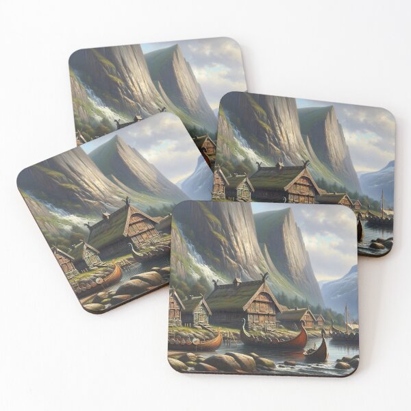 Item preview, A traditional Norse village with Viking longboats and fjord cliffs designed and sold by FunnyGiftIdeas.