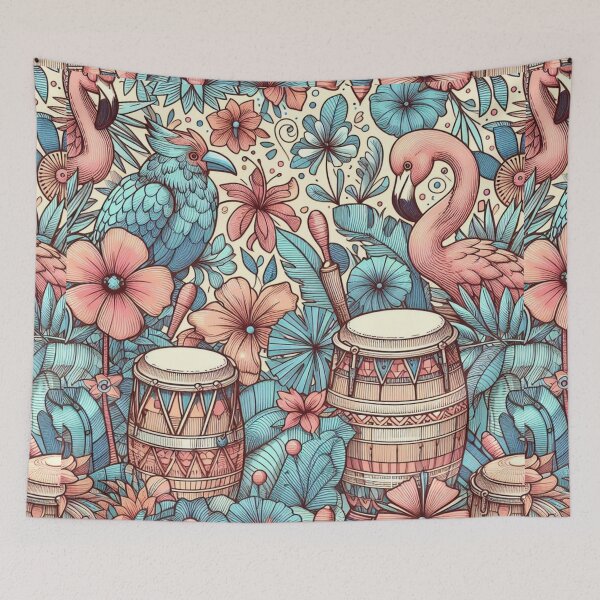 Artikelvorschau, Flamingo Retro Hawaiian Hibiscus Bongo Drums Tropical Graphic entworfen und verkauft von CoffeeIsATrip.