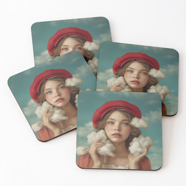 Item preview, Dreamy Girl Red Hat Holding Clouds | Whimsical Fantasy Art designed and sold by VUK VESOVIC.