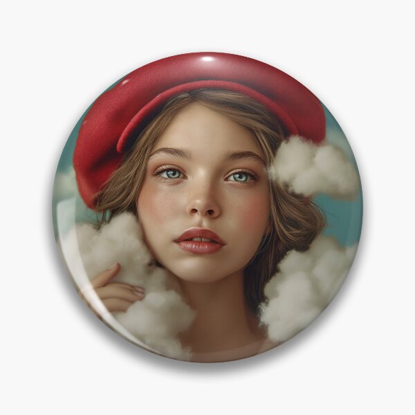 Item preview, Dreamy Girl Red Hat Holding Clouds | Whimsical Fantasy Art designed and sold by VUK VESOVIC.