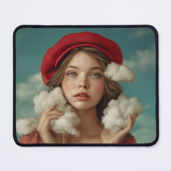 Item preview, Dreamy Girl Red Hat Holding Clouds | Whimsical Fantasy Art designed and sold by VUK VESOVIC.