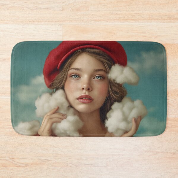 Item preview, Dreamy Girl Red Hat Holding Clouds | Whimsical Fantasy Art designed and sold by VUK VESOVIC.