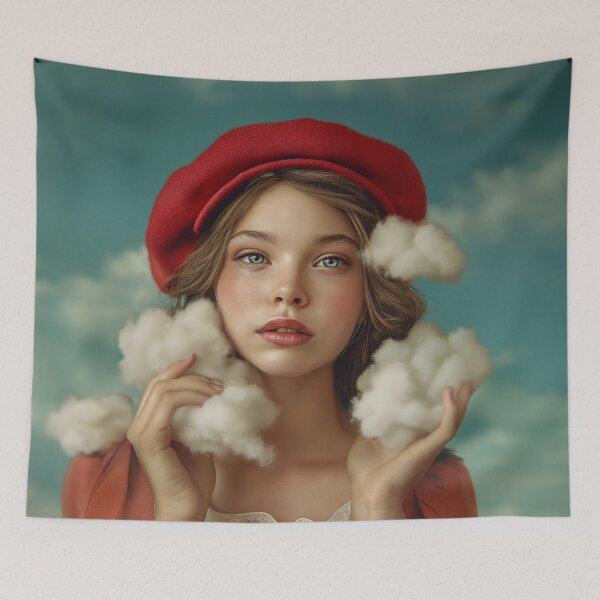 Item preview, Dreamy Girl Red Hat Holding Clouds | Whimsical Fantasy Art designed and sold by VUK VESOVIC.