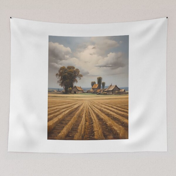 Item preview, A grain field in front of a beautiful farm, vintage oil painting designed and sold by CreativeSparkzz.