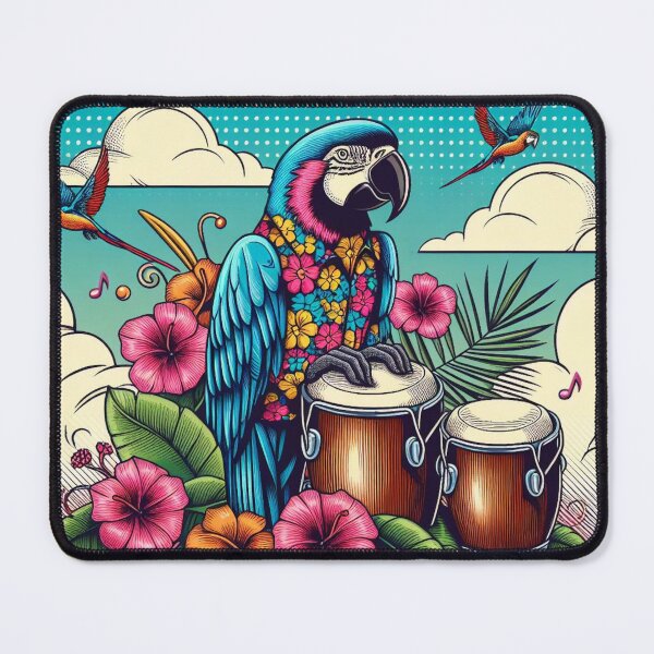Item preview, Retro 80s Parrot Parrots Macaw Macaws Hawaiian Hibiscus Bongo Drums Tropical Graphic designed and sold by CoffeeIsATrip.