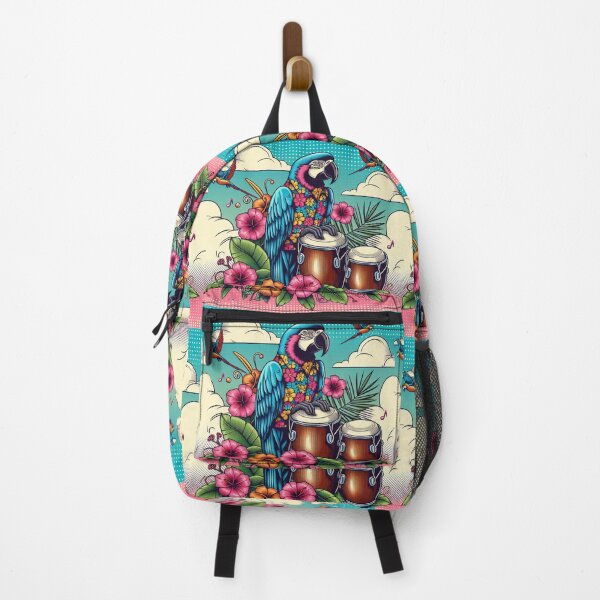 Item preview, Retro 80s Parrot Parrots Macaw Macaws Hawaiian Hibiscus Bongo Drums Tropical Graphic designed and sold by CoffeeIsATrip.