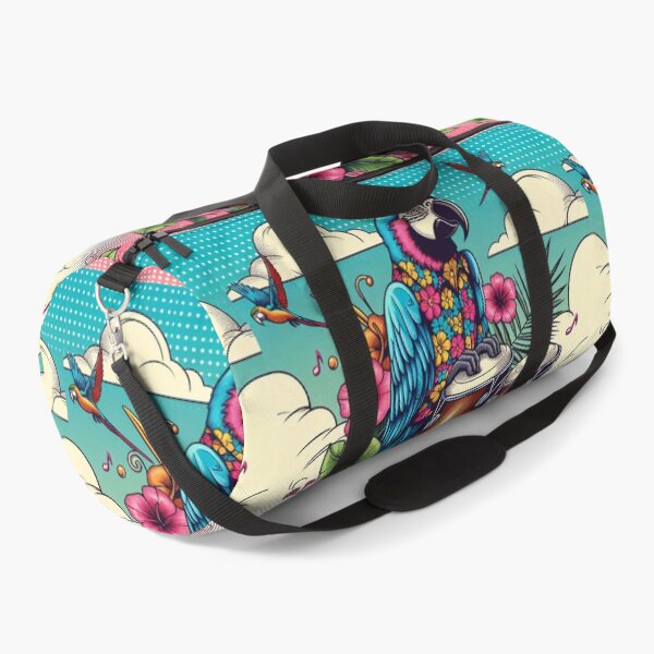 Item preview, Retro 80s Parrot Parrots Macaw Macaws Hawaiian Hibiscus Bongo Drums Tropical Graphic designed and sold by CoffeeIsATrip.