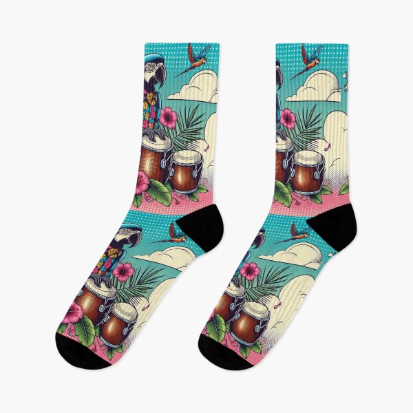 Item preview, Retro 80s Parrot Parrots Macaw Macaws Hawaiian Hibiscus Bongo Drums Tropical Graphic designed and sold by CoffeeIsATrip.
