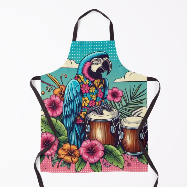 Item preview, Retro 80s Parrot Parrots Macaw Macaws Hawaiian Hibiscus Bongo Drums Tropical Graphic designed and sold by CoffeeIsATrip.