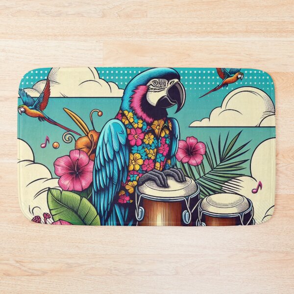Item preview, Retro 80s Parrot Parrots Macaw Macaws Hawaiian Hibiscus Bongo Drums Tropical Graphic designed and sold by CoffeeIsATrip.