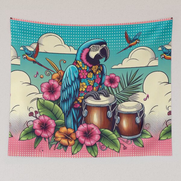 Item preview, Retro 80s Parrot Parrots Macaw Macaws Hawaiian Hibiscus Bongo Drums Tropical Graphic designed and sold by CoffeeIsATrip.