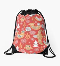 Winter seamless pattern with birds, trees, snowflakes. The Scandinavian style. Drawstring Bag