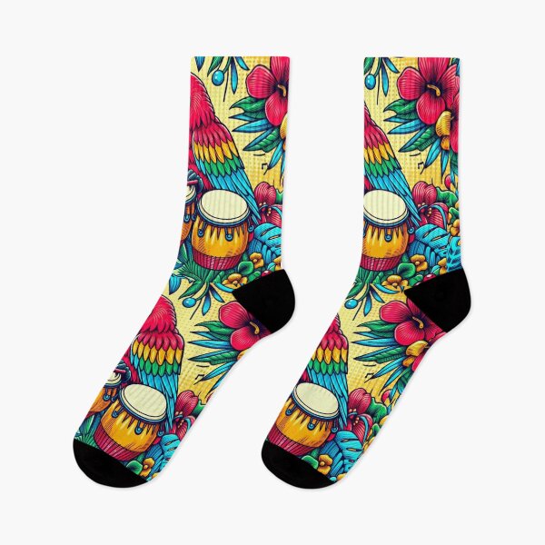 Item preview, Retro 80s Parrot Macaw Hawaiian Hibiscus Bongo Drums Tropical Graphic designed and sold by CoffeeIsATrip.