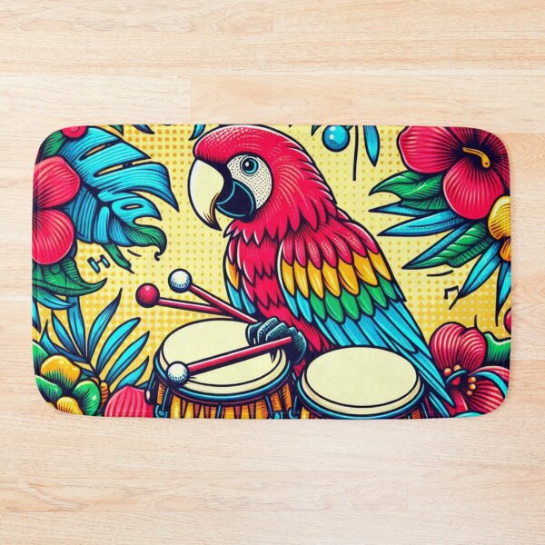 Item preview, Retro 80s Parrot Macaw Hawaiian Hibiscus Bongo Drums Tropical Graphic designed and sold by CoffeeIsATrip.