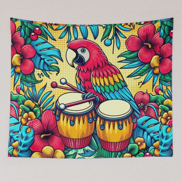 Artikelvorschau, Retro 80er-Jahre-Papageienara, hawaiianischer Hibiskus, Bongo-Trommeln, tropische Grafik entworfen und verkauft von CoffeeIsATrip.