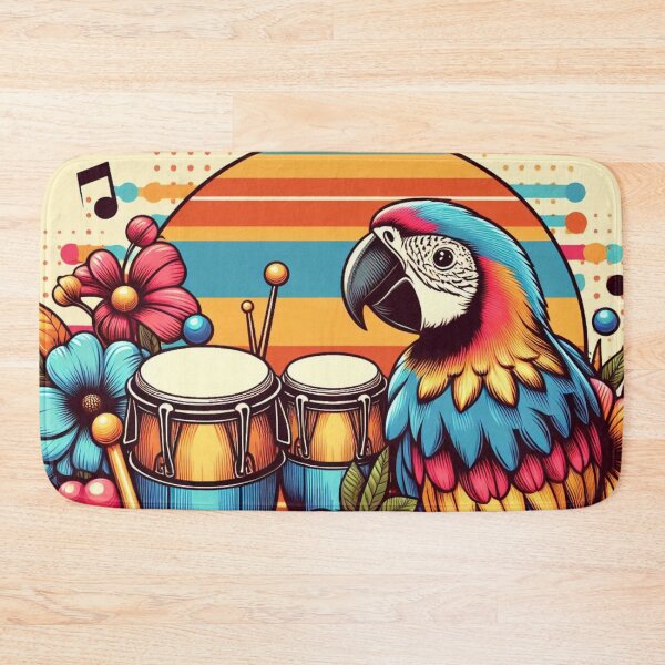 Item preview, Retro 80s Sunset Parrot Macaw Hawaiian Hibiscus Bongo Drums Tropical Graphic designed and sold by CoffeeIsATrip.