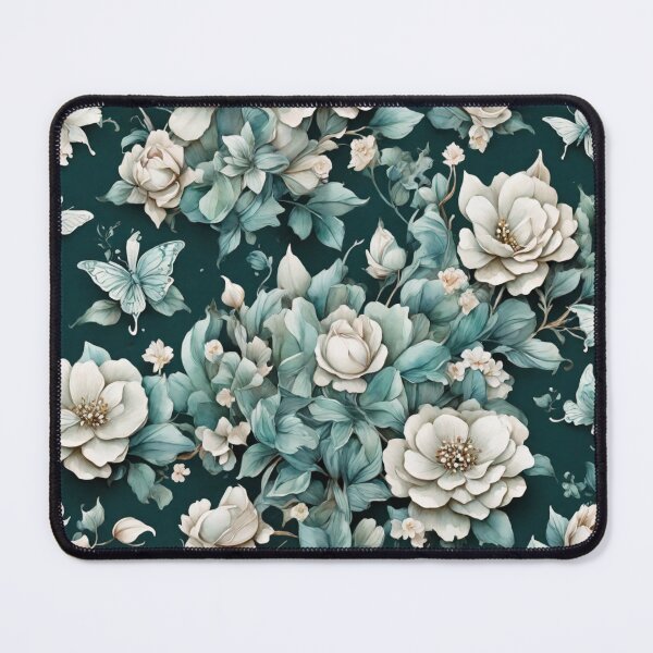 Item preview, White flowers and teal leaves with butterflies on a dark background designed and sold by LivingFullofFun.