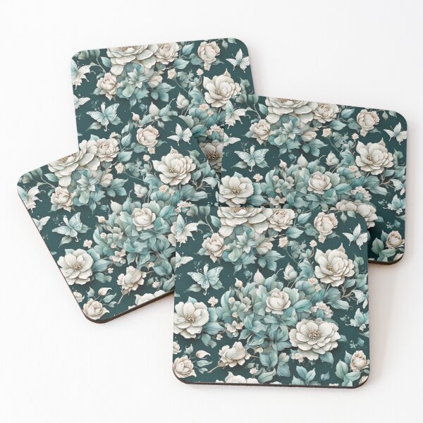 Item preview, White flowers and teal leaves with butterflies on a dark background designed and sold by LivingFullofFun.