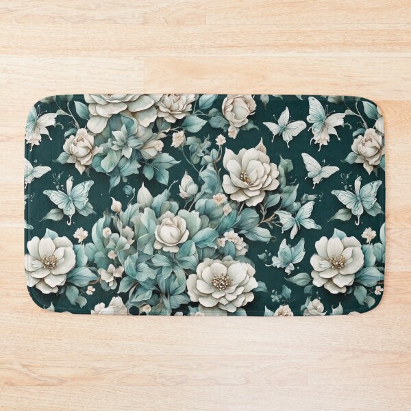 Item preview, White flowers and teal leaves with butterflies on a dark background designed and sold by LivingFullofFun.