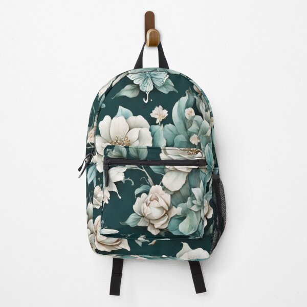 Item preview, White flowers and teal leaves with butterflies on a dark background designed and sold by LivingFullofFun.