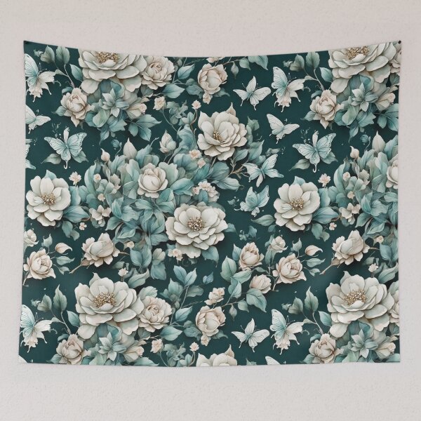 Item preview, White flowers and teal leaves with butterflies on a dark background designed and sold by LivingFullofFun.
