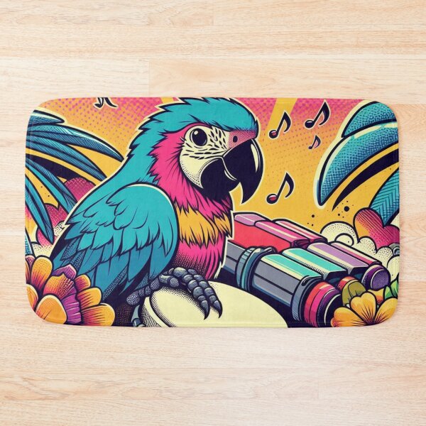Item preview, Retro 80s Parrot Macaw Hawaiian Hibiscus Bongo Drums Tropical Sun Beams Graphic designed and sold by CoffeeIsATrip.