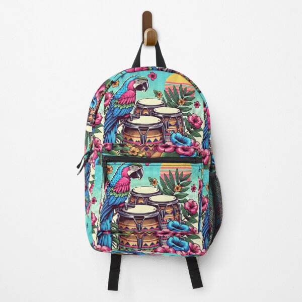 Item preview, Retro 80s Parrot Macaw Hawaiian Hibiscus Bongo Drums Tropical Sun Graphic designed and sold by CoffeeIsATrip.