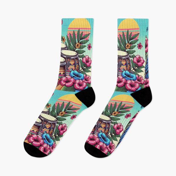 Item preview, Retro 80s Parrot Macaw Hawaiian Hibiscus Bongo Drums Tropical Sun Graphic designed and sold by CoffeeIsATrip.