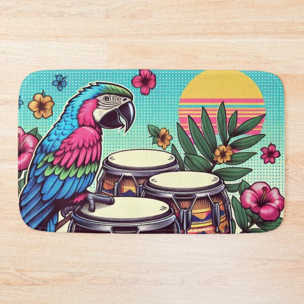 Item preview, Retro 80s Parrot Macaw Hawaiian Hibiscus Bongo Drums Tropical Sun Graphic designed and sold by CoffeeIsATrip.