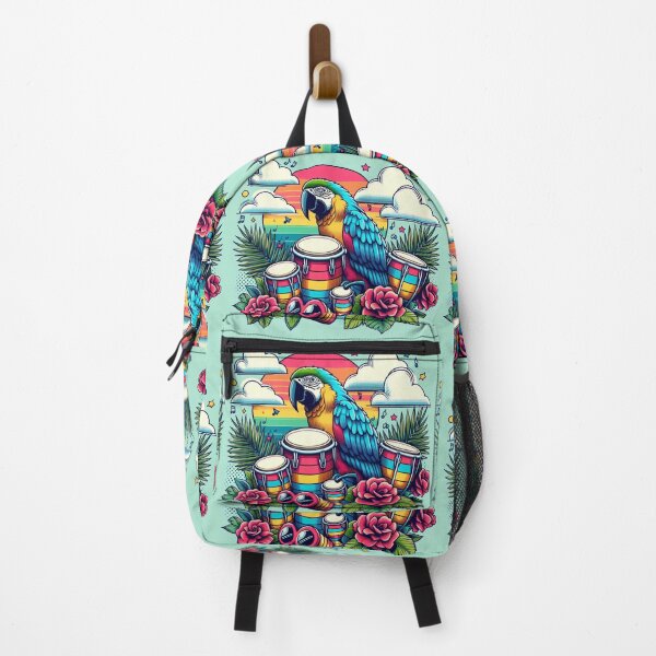Item preview, Retro 80s Parrot Macaw Hawaiian Hibiscus Bongo Drums Tropical Rainbow Sun Graphic designed and sold by CoffeeIsATrip.