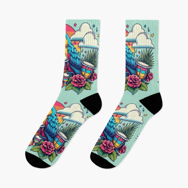 Item preview, Retro 80s Parrot Macaw Hawaiian Hibiscus Bongo Drums Tropical Rainbow Sun Graphic designed and sold by CoffeeIsATrip.