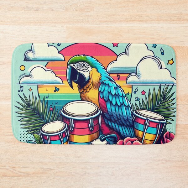 Item preview, Retro 80s Parrot Macaw Hawaiian Hibiscus Bongo Drums Tropical Rainbow Sun Graphic designed and sold by CoffeeIsATrip.