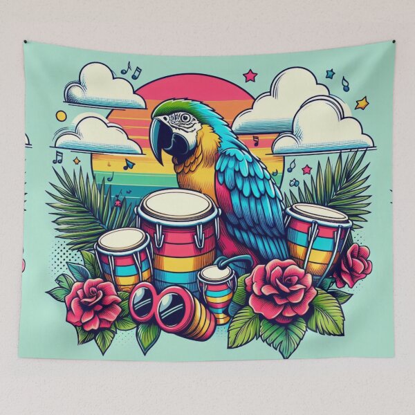 Item preview, Retro 80s Parrot Macaw Hawaiian Hibiscus Bongo Drums Tropical Rainbow Sun Graphic designed and sold by CoffeeIsATrip.