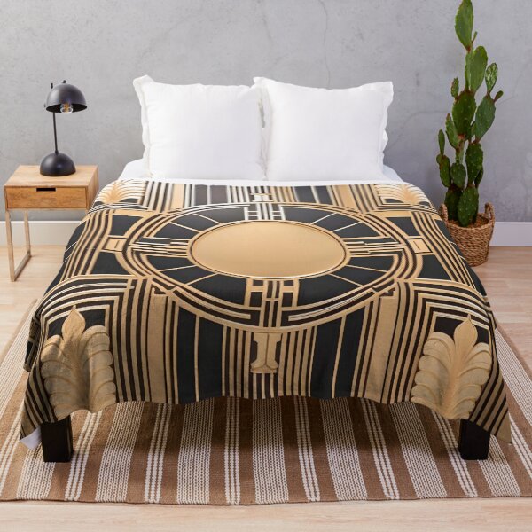 Item preview, Art Deco tile with a golden circle and gold leaves on black designed and sold by eatmorvelopator.