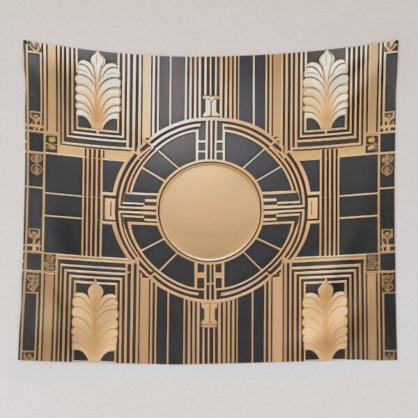 Item preview, Art Deco tile with a golden circle and gold leaves on black designed and sold by eatmorvelopator.
