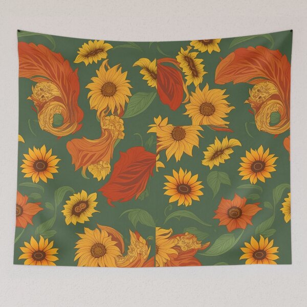 Item preview, sunflowers and beautiful red flowers in green background summer and spring fashion designed and sold by Carlos Gudino.