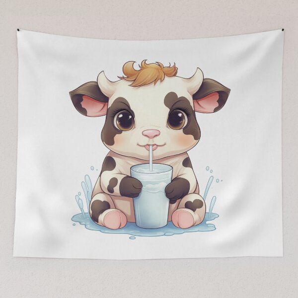 Item preview, Cute Black & White Kawaii Baby Cow Drinking Milk  designed and sold by Gsallicat.