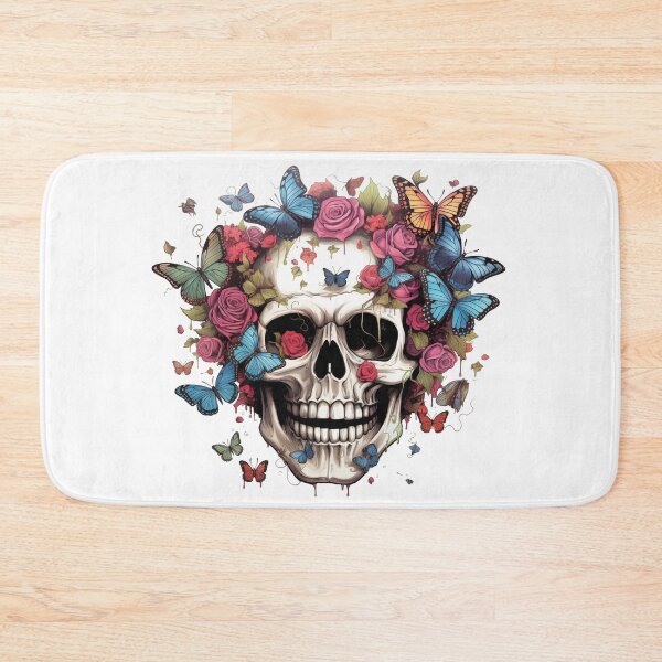 Item preview, Happy smiling skull with butterflies and rosses designed and sold by GoodThings66.